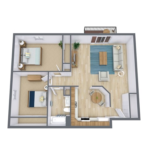 A top-down view of a house layout with a living room, kitchen, and two bedrooms.