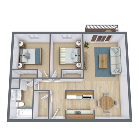 A 3D floor plan of a house with a kitchen, living room, and bathroom.