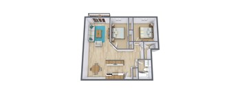 A 3D floor plan of a house with a kitchen, living room, and bedrooms.