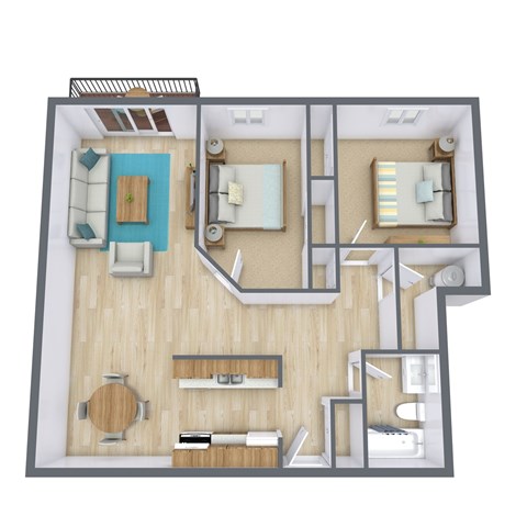A 3D floor plan of a house with a kitchen, living room, and bedrooms.