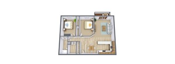 A 3D floor plan of a house with two bedrooms, a living room, and a kitchen.