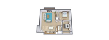 A 3D floor plan of a house with a pool.