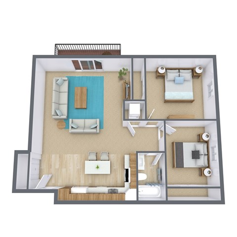 A 3D floor plan of a house with a pool.