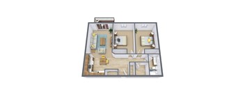 A 3D floor plan of a house with a living room, kitchen, and two bedrooms.