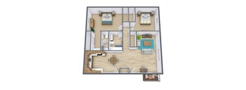 A top-down view of a house interior with a kitchen, living room, and dining area.