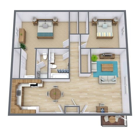 A top-down view of a house interior with a kitchen, living room, and dining area.