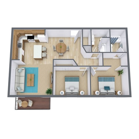 A top-down view of a house interior with a kitchen, living room, and bedrooms.