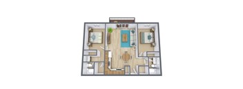 A top-down view of a house layout with a central living room, kitchen, and bedrooms.