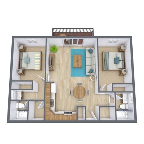 A top-down view of a house layout with a central living room, kitchen, and bedrooms.