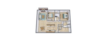 A top-down view of a house interior with a kitchen, living room, and bedrooms.