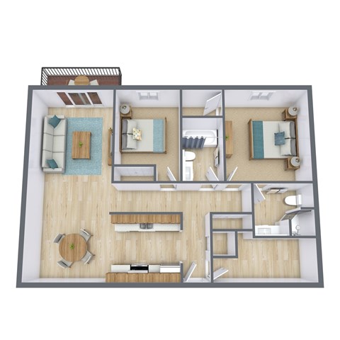 A top-down view of a house interior with a kitchen, living room, and bedrooms.