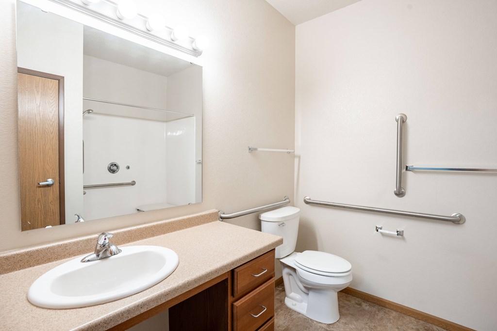 A bathroom with a sink, toilet, and shower. Fargo, ND North Sky II Apartments