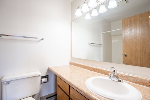 A bathroom with a sink, mirror, and toilet. Fargo, ND Hawthorn Apartments