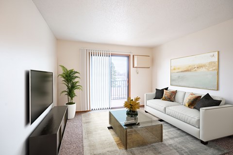A living room with a white couch, a flat screen TV, a coffee table, and a painting on the wall.