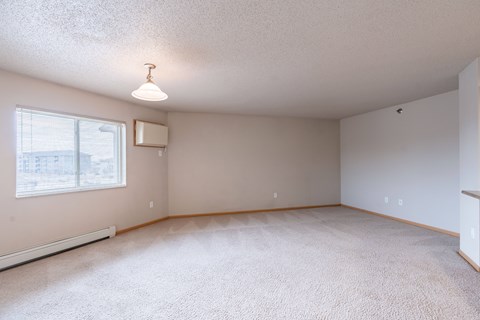 A room with a window and a carpeted floor. Fargo, ND East Bridge Apartments