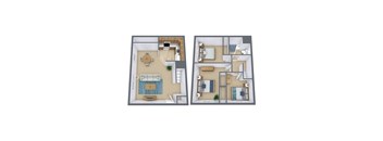 A floor plan of a two-story apartment with a living room, kitchen, and bedrooms.