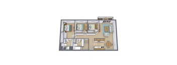 A 3D floor plan of a house with multiple rooms.