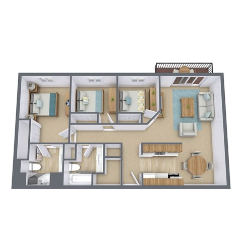 A 3D floor plan of a house with multiple rooms.