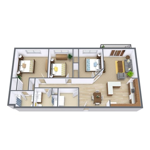 A 3D floor plan of a house with multiple rooms and furniture.