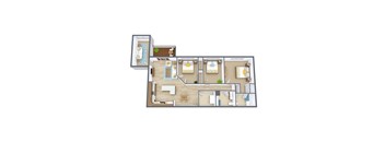 A floor plan of a house with a kitchen, living room, and bedrooms.