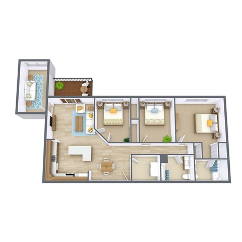 A floor plan of a house with a kitchen, living room, and bedrooms.