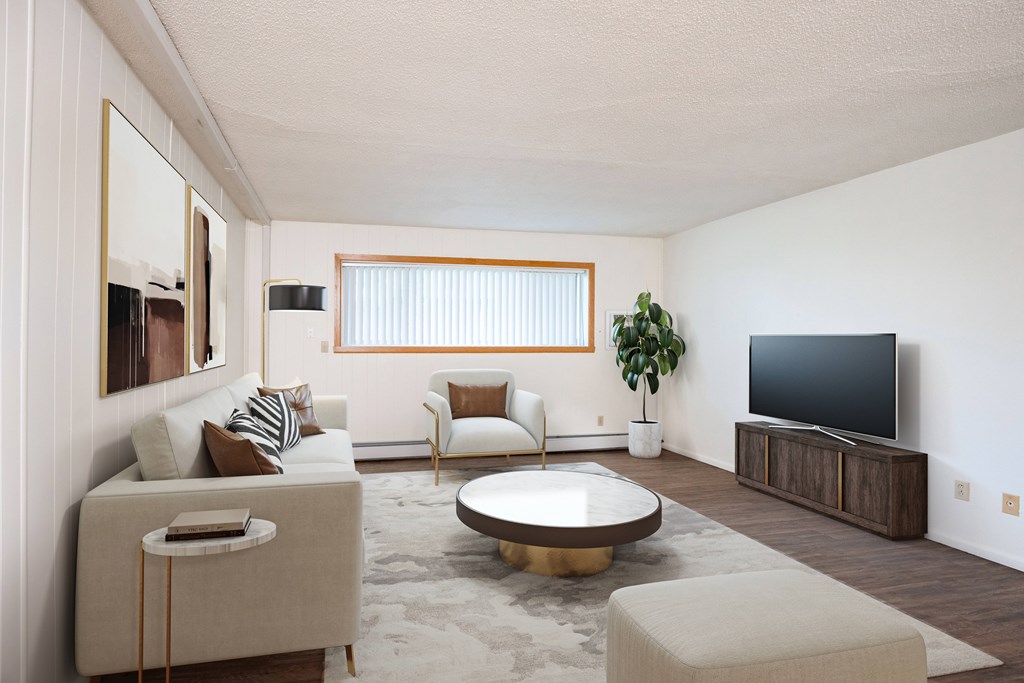 A living room with a white couch, a brown armchair, a coffee table, and a television. Fargo, ND Park Terrace Apartments