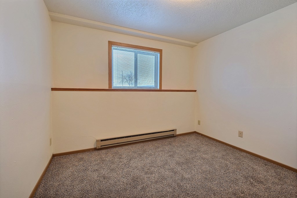 an empty room with carpet and a window. Fargo, ND Alden Pines Apartments.