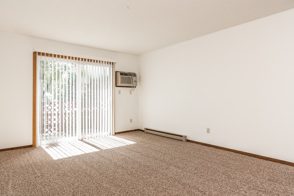 a bedroom with a sliding glass door and carpeted floor