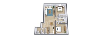 a stylized floor plan of a bedroom with a living room and a bathroom
