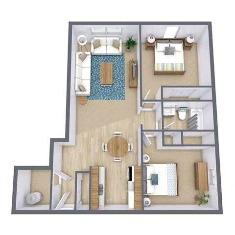 a stylized floor plan of a bedroom with a living room and a bathroom