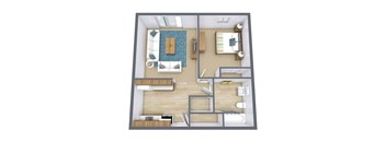 a floor plan of a bedroom with a bathroom and a living room. Crookston, ND Barrette Arms Apartments
