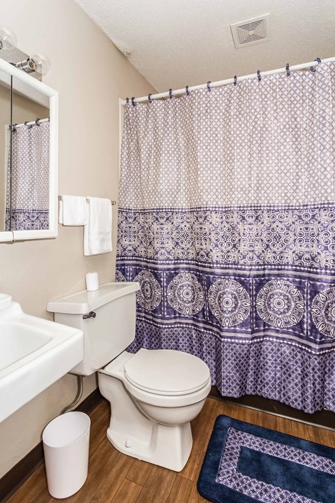 Grand Forks, ND Barrette Arms Apartments. a bathroom with a white sink and toilet and a purple and white shower curtain