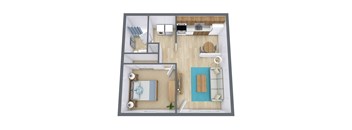 a stylized floor plan of a bedroom with a bathroom and a living room