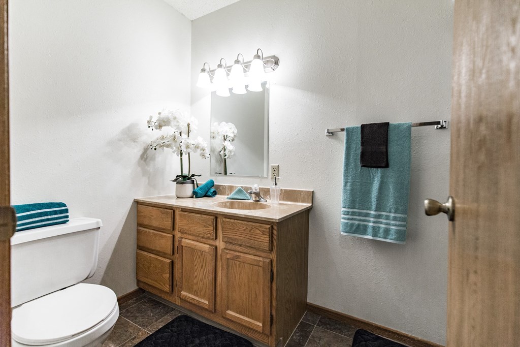 Bismarck, ND Brandon Apartments a bathroom with a toilet sink and mirror