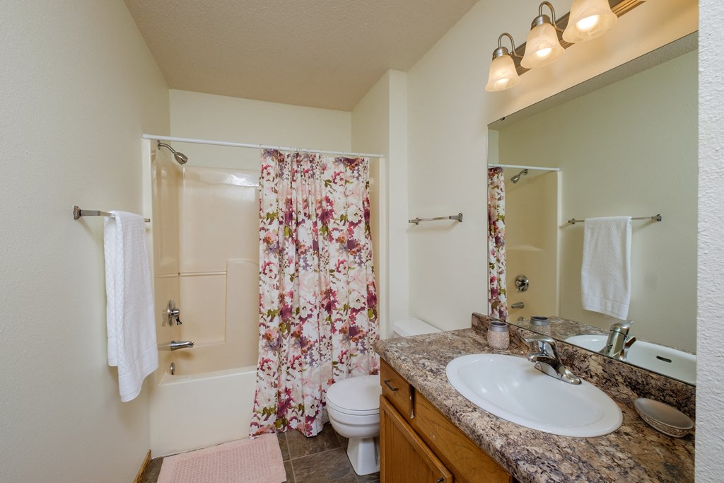 a bathroom with a sink and a toilet and a shower. Fargo, ND Bridgeport Apartments