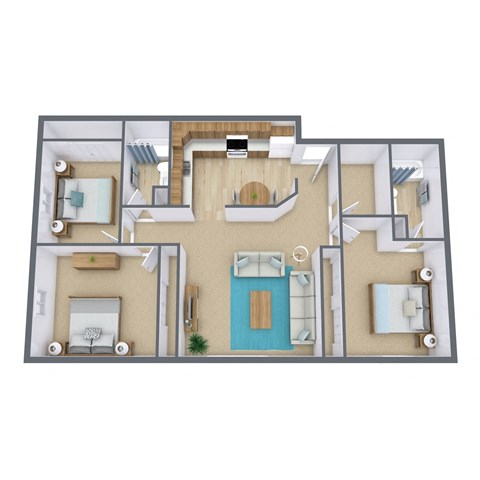 a 3d floor plan of a bedroom with a bathroom and a living room