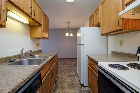 a kitchen with a stove sink and refrigerator