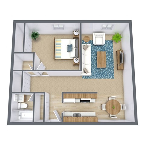 a bedroom floor plan with a bathroom and a living room