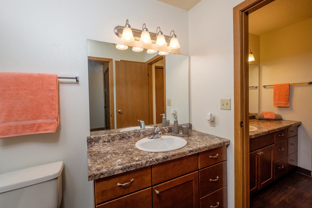 a bathroom with a sink and a mirror and a toilet. Fargo, ND Cedars 2 Apartments