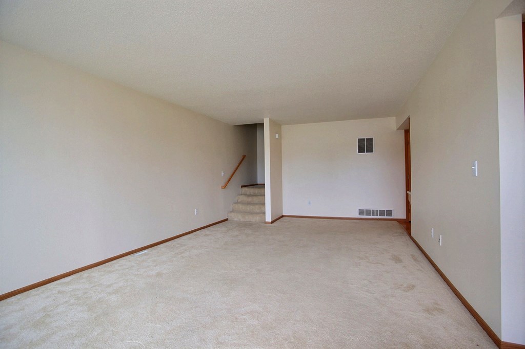 A living room with white walls and carpet