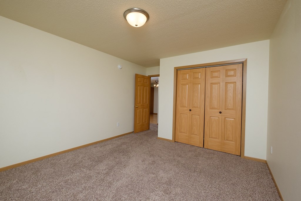 A living room with a closet and a door to a hallway
