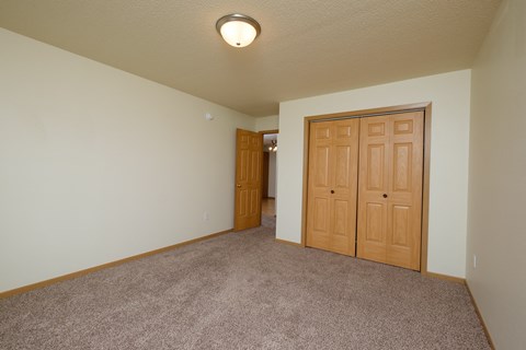 A living room with a closet and a door to a hallway