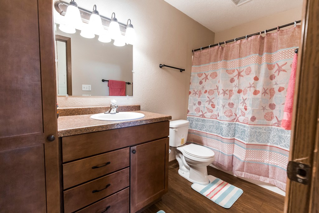 Grand Forks, ND Cherry Creek Apartments. A decorated bathroom with dark wood cabinets and a tub