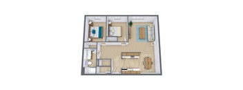A top-down view of a house layout with multiple rooms and furniture.