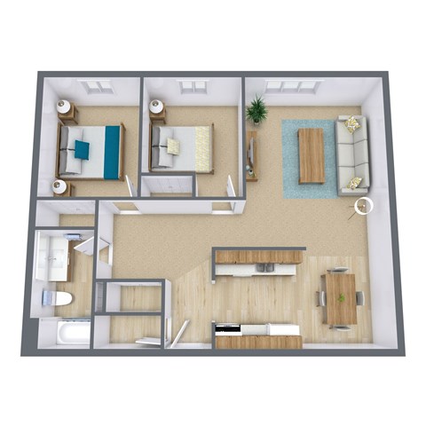 A top-down view of a house layout with multiple rooms and furniture.