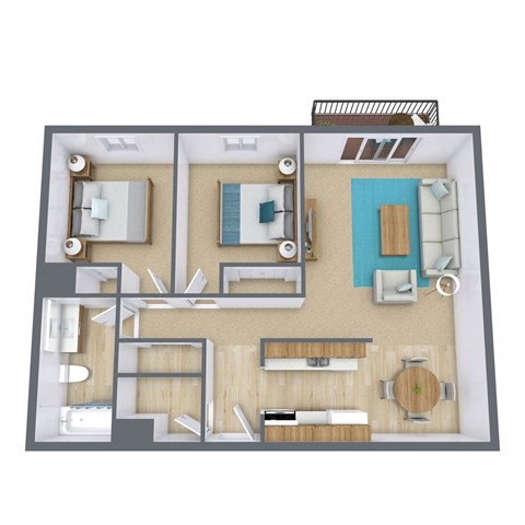 a 3d floor plan of a bedroom with a living room