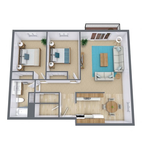 a 3d floor plan of a bedroom with a living room