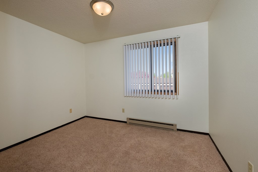 the living room of an apartment with a window and carpet. Fargo, ND Countryside Apartments