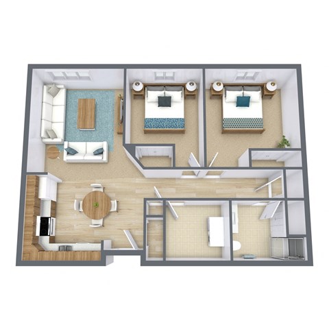 a 3d floor plan of a bedroom with a living room and a bathroom