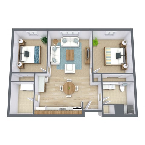 a 3d floor plan of a bedroom with a living room